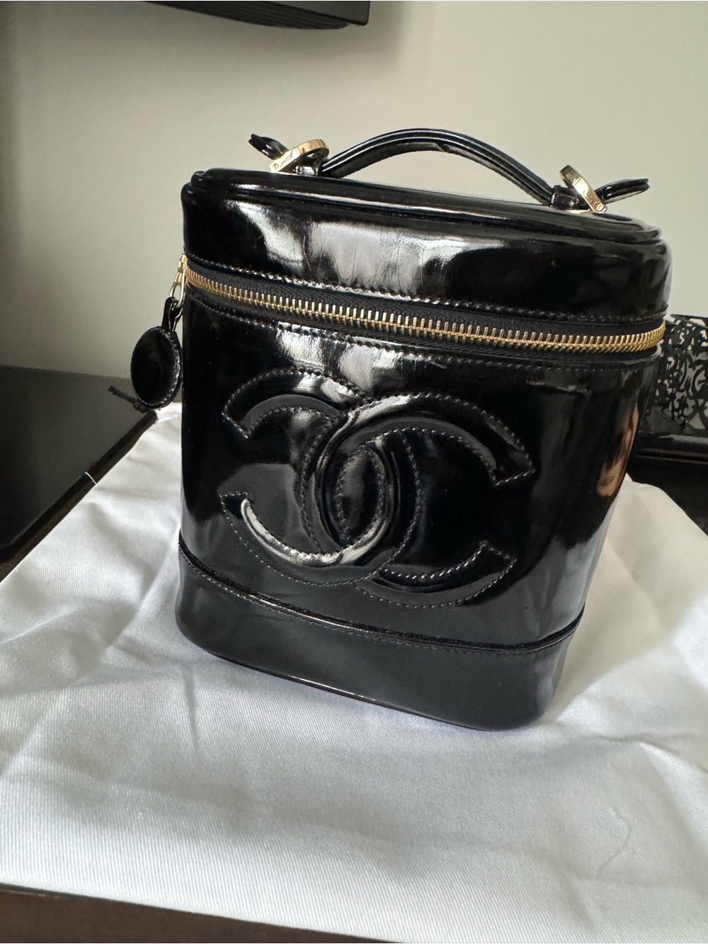 Chanel Black Patent CC tall Vanity Case